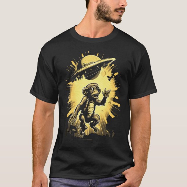 T-shirt Alien Abduction Monkey Ape UFO Spaceship Extraterr (Devant)