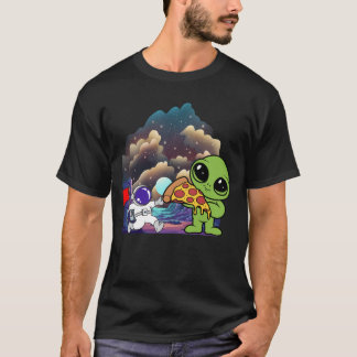 T-shirt Alien avec pizza dans le paysage cosmique