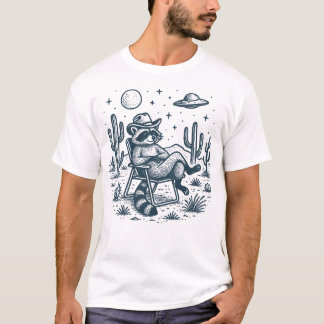 T-shirt Alien Cowboy Raccoon Desert Night UFO Illustration