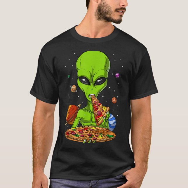 T-shirt Alien de l'espace Manger Pizza Drôle OVNI Science  (Devant)