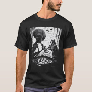 T-shirt Alien Et Chat Manger Pizza Drôle Snack Food Hommes