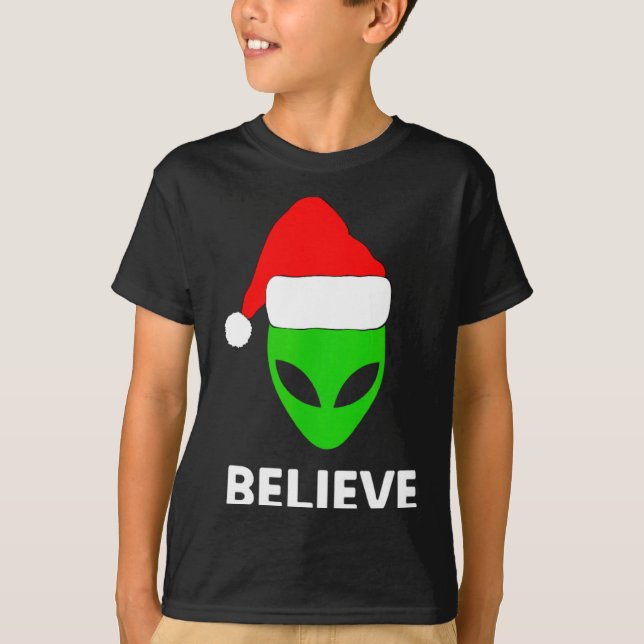 T-shirt Alien Green Face Christmas Santa Hat Believe  (Devant)