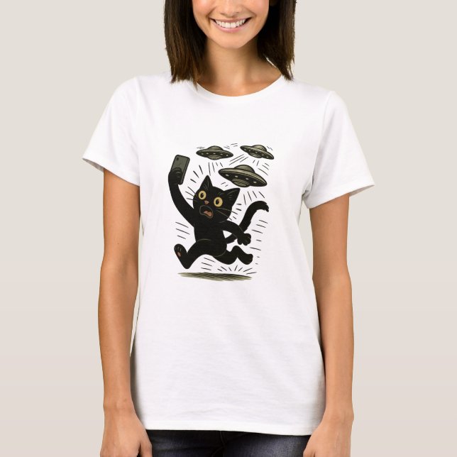 T-shirt Alien Invasion Cat Design, Selfie UFO Cat (Devant)