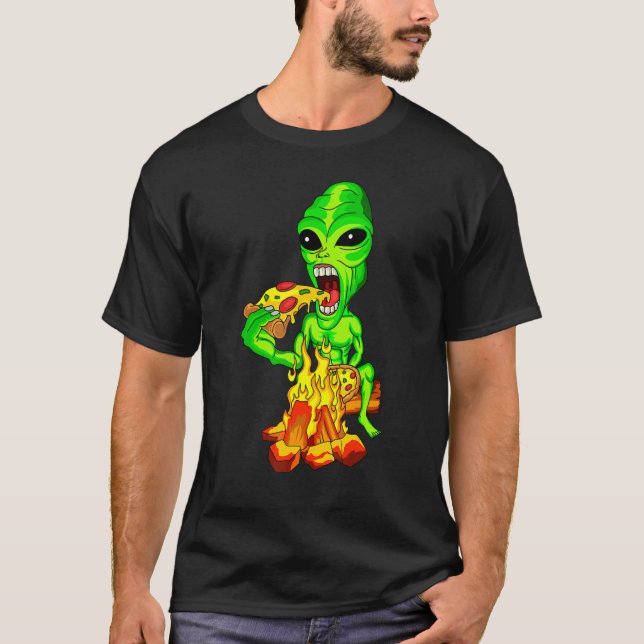 T-shirt Alien Manger Pizza UFO Extraterrestrial (Devant)