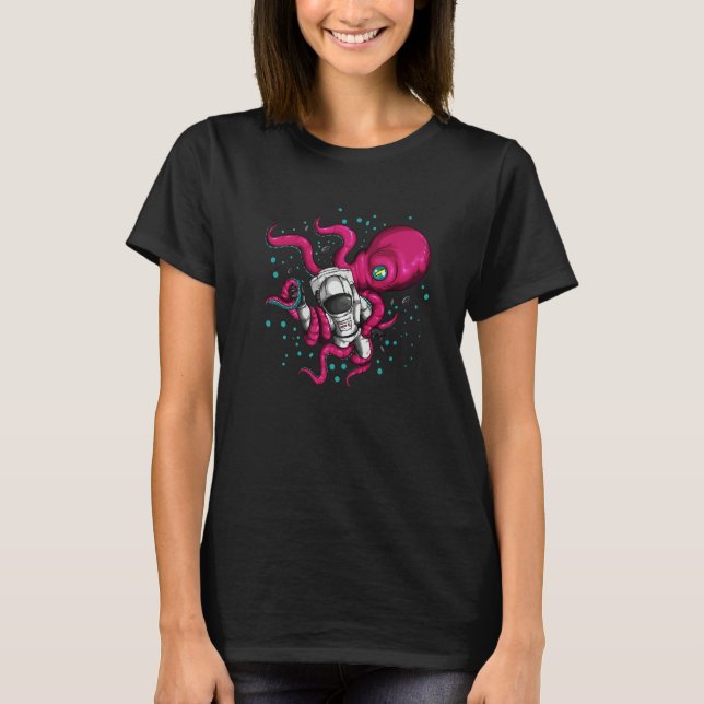 T-shirt Alien Octopus Holds Astronaut Cosmonaut Space Fish (Devant)