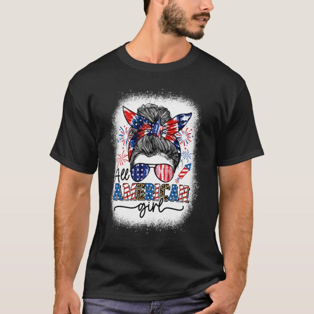 T-shirt All American Girl Messy Bun Patriotic 4 juillet (Devant)