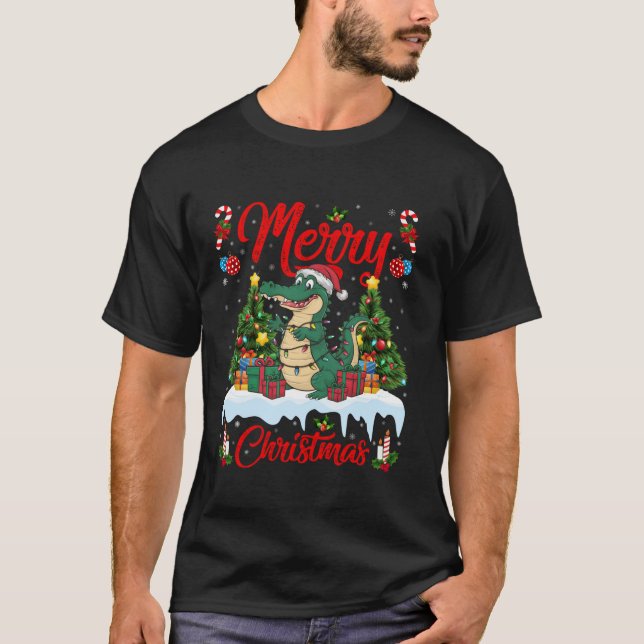 T-shirt Alligator Xmas Arbre Éclairage Santa Hat Alligator (Devant)