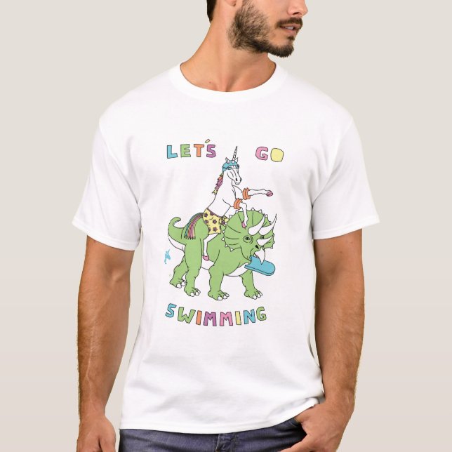 T-shirt Allons nager (Homme) Unicorne équitation Dinosaure (Devant)