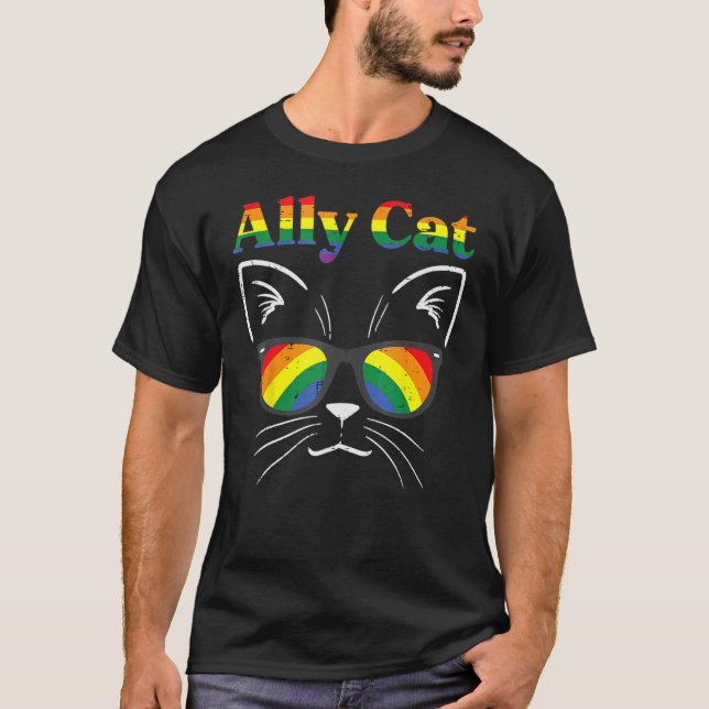 T-shirt Ally Cat Sunglasses Gay Rainbow Pride LGBT Support (Devant)