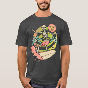 T-shirt Aloha Skeleton Surfboard Wave & Moon Graphique