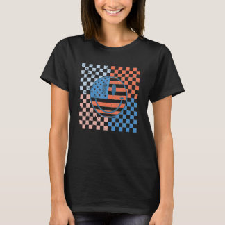 T-shirt American Checkered Flag Smile Face Retro 4th Of Ju