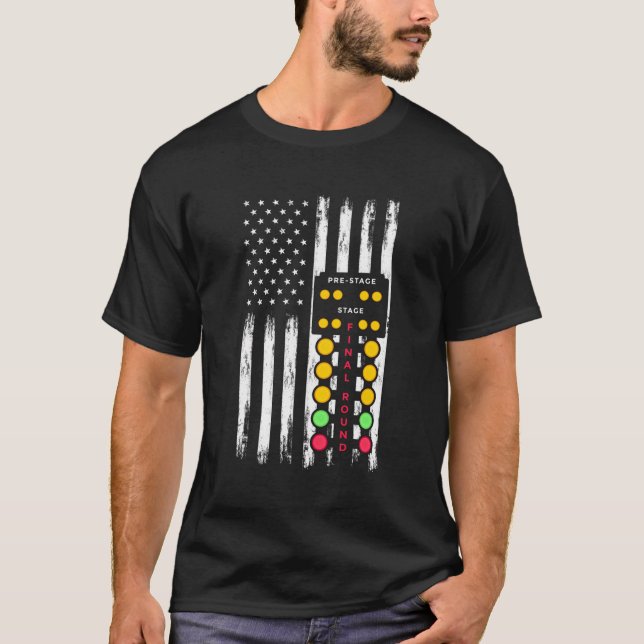 T-shirt American Flag Drag Racing Strip Tree Light Dragste (Devant)