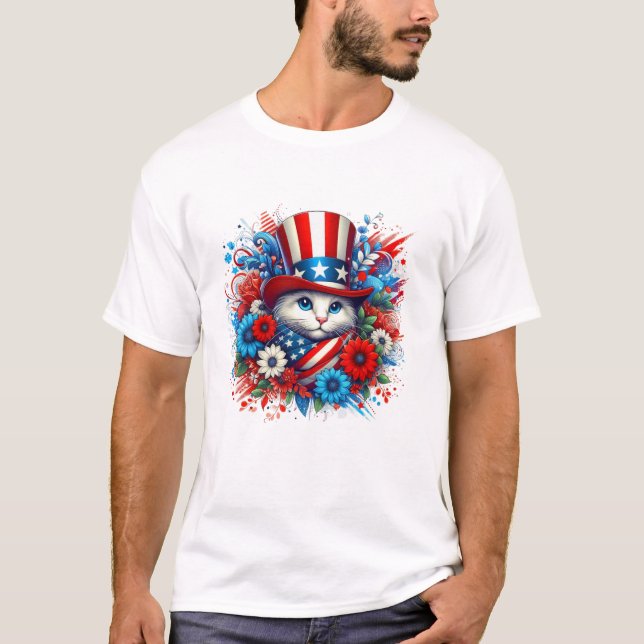 T-shirt American Flag Flower Cat (Devant)