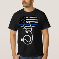 American Flag Heart avec police mince ligne bleue 