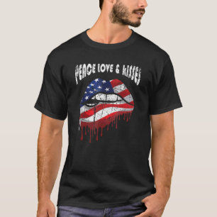 T-shirt American Flag Lips Peace Love Kisses Patriotic Aes