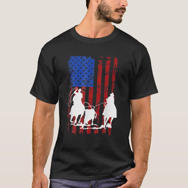 T-shirt American Flag Team Roping Horse 4 juillet Patrio (Devant)