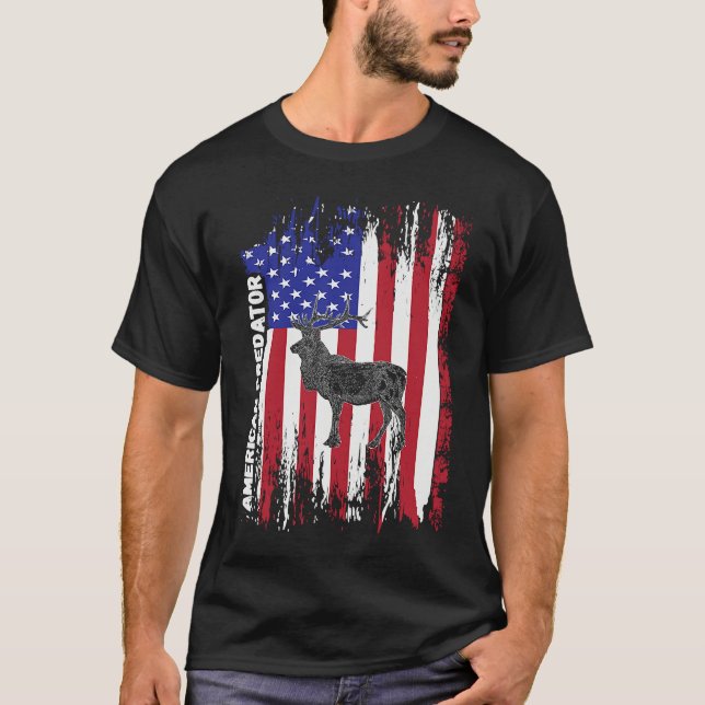 T-shirt American Predator Patriotic American Flag ELK Hunt (Devant)