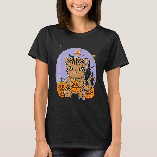 T-shirt American Shorthair Cat With Pumpkin Halloween (Devant)