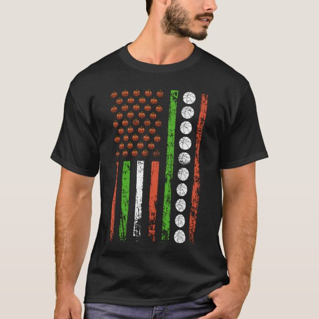 T-shirt American Sports Flag Halloween Pumpkin Basketball  (Devant)