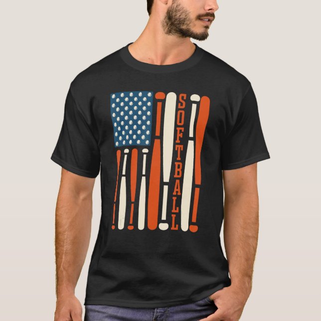 T-shirt American USA Flag Softball Bat Softball Softball C (Devant)