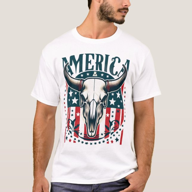 T-shirt Amérique Crâne de vache 4 juillet drapeau (Devant)