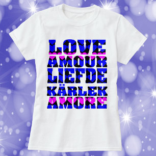 T-shirt Amour dans plusieurs langues Coeurs de texte rose 