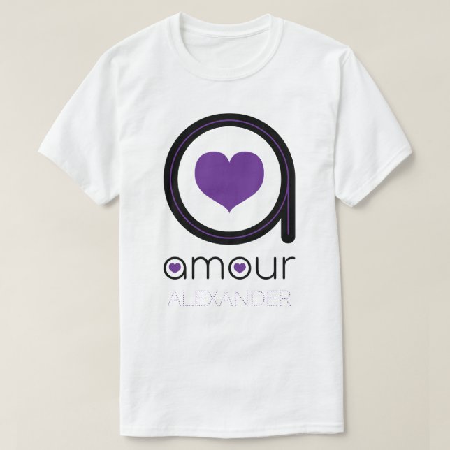 T-shirt Amour noir, Coeur pourpre, Nom Personnalisé (Design devant)