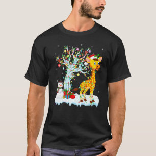 T-shirt Amusant Giraffe Xmas Arbre Éclairage Santa Hat Gir