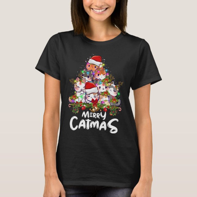 T-shirt Amusant Joyeux Catmas lumières arbre Noël Chat cad (Devant)