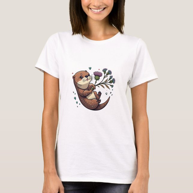 T-shirt Amusante AI Généré Otter et Chardon (Devant)