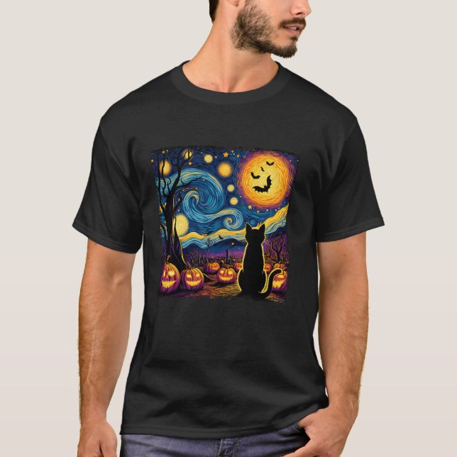 T-shirt Amusante Halloween Van Gogh Starry Nuit Noir Chat  (Devant)