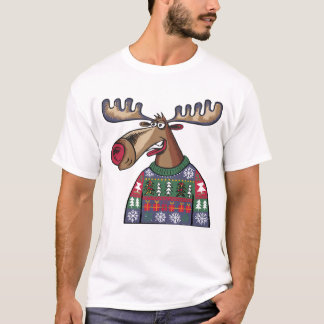 T-shirt Amusante Moose portant un doux pull de Noël