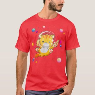 T-shirt Amusante Planète Spatiale Cute Cat Mange Pizza Et