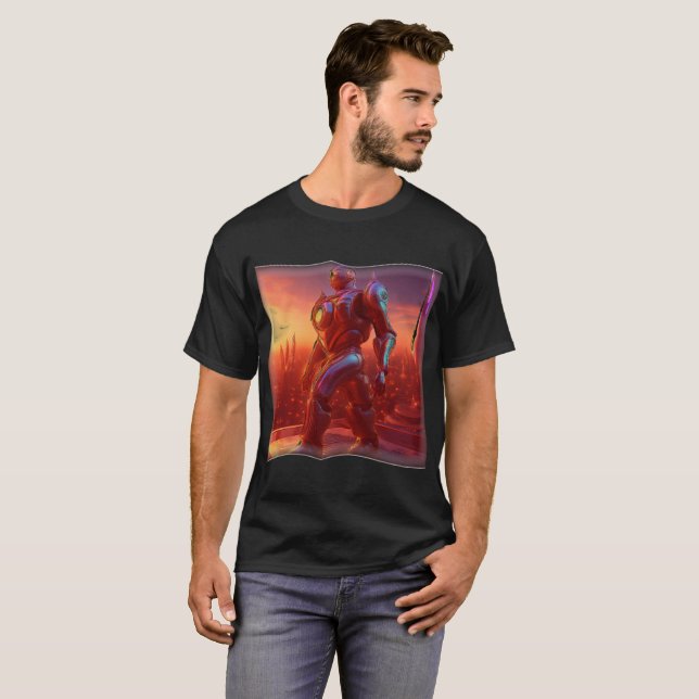 T-shirt Android Marches Across Rooftop As He Watches City (Devant entier)