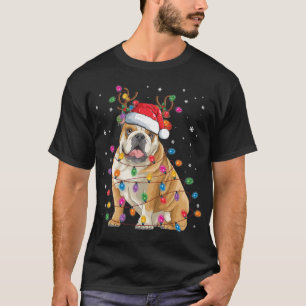 T-shirt Anglais Bulldog Christmas Reindeer Santa Hat Funny