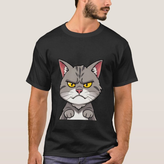 T-shirt Angry Grey Tabby Cat Grumpy Stare ✨🐾😠 (Devant)