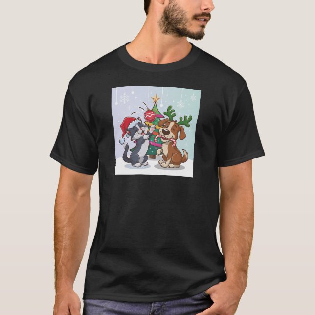 T-shirt animal de compagnie chat et chien fêtant Noël jour (Devant)