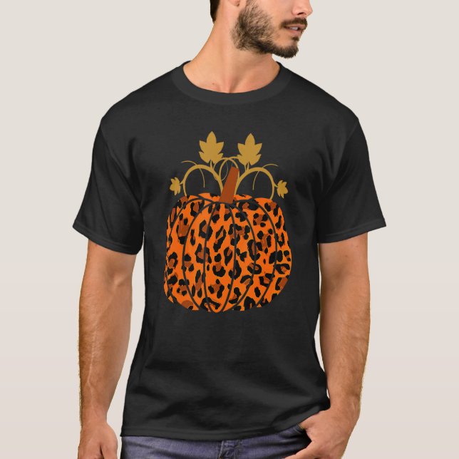 T-shirt Animal Leopard Print Pumpkin Halloween Fall Autumn (Devant)