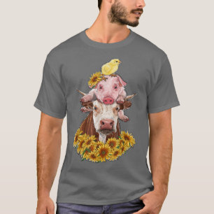 T-shirt Animaux de ferme Vache porc poulet avec tournesol
