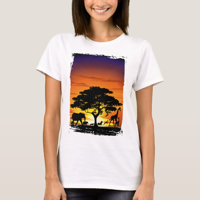 T-shirt Animaux sauvages sur le coucher de soleil de la sa (Devant)