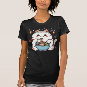 T-Shirt Animé Chat Kawaii Mangeant des Nouilles Ra