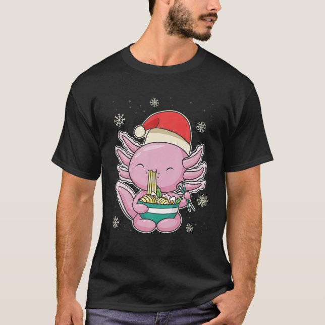 T-shirt Anime Christmas Kawaii Santa Axolotl Eating Noodle (Devant)