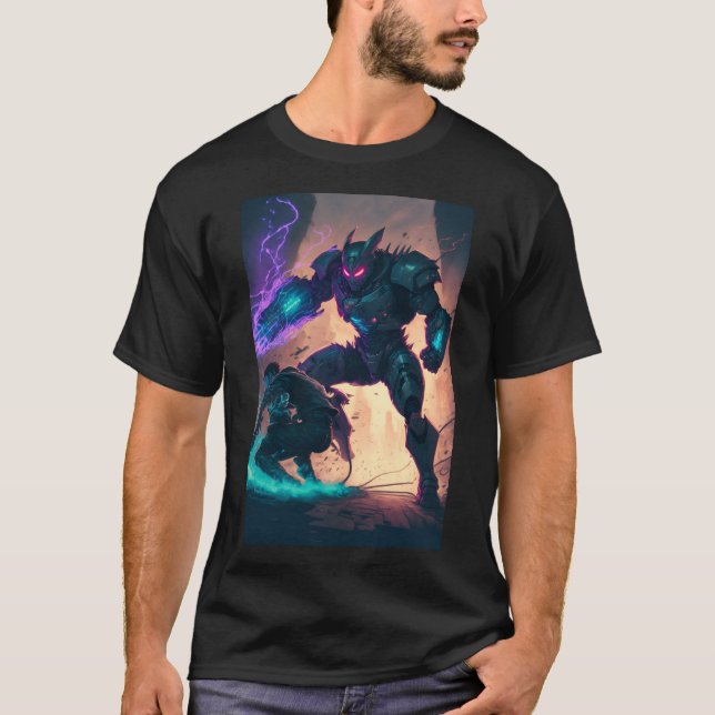 T-shirt Anime Cyberpunk Super Hero Fighting Giant Robot (Devant)