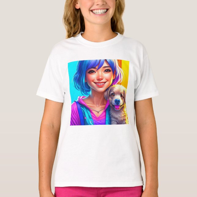 T-shirt Anime Girl and Puppy Chien (Devant)