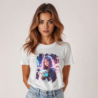 T-shirt Anime Girl and Puppy : Whimsical Night City