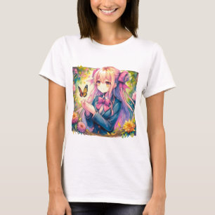 T-shirt Anime Girl et papillon aquarelle