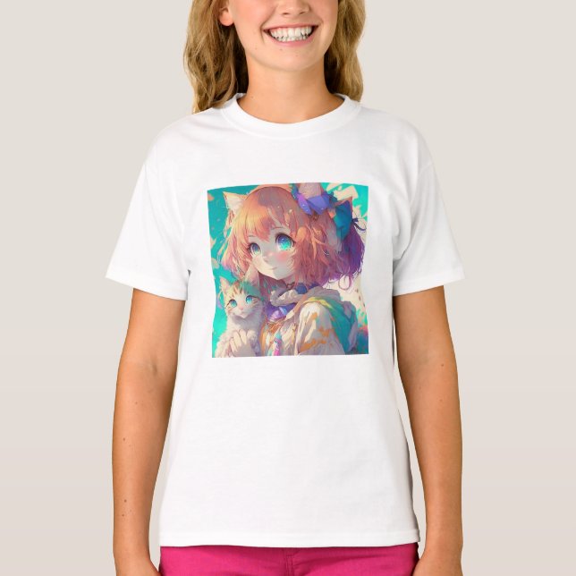 T-shirt Anime Girl Holding an Adorable Kitten (Devant)