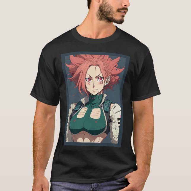 T-shirt Anime Girl Red Hair and Green Top Military (Devant)
