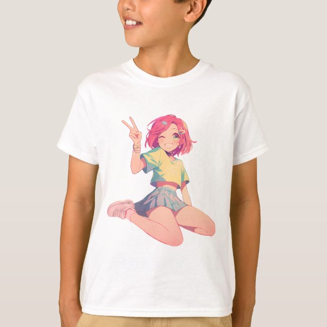 T-shirt Anime Peace Sign – Cute pink hair Anime Girl Kids  (Devant)
