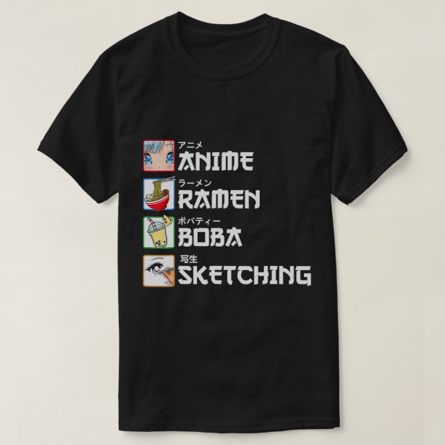 T-shirt Anime Ramen Boba Esquisse Thé de Lait Manga Japona (Design devant)
